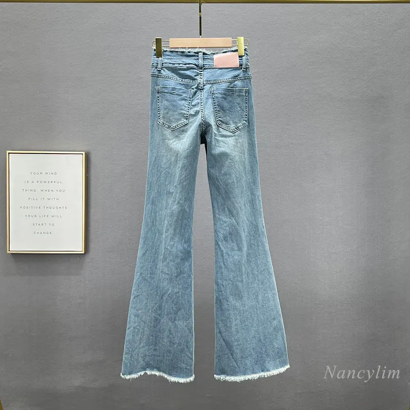 Rhinestone Denim Bell-Bottom Pants Women's Trendy 2023 New Spring Summer Stretchy High Waist Slimming Mop Pants Blue Jeans
