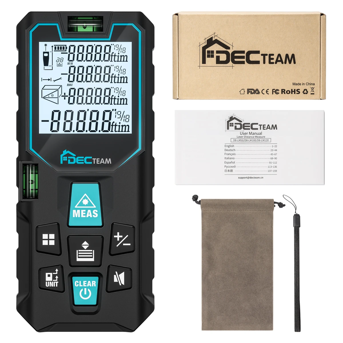 

Лазерный дальномер Decteam, 100/120 м (/50/футов/м), несколько режимов измерения, M/in/Ft и датчик угла