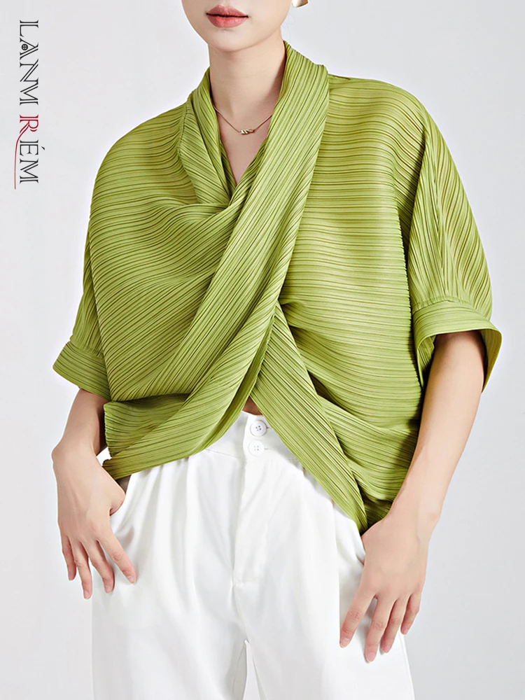 

Женская плиссированная футболка LANMREM, дизайнерская Однотонная футболка с v-образным вырезом и рукавами «летучая мышь», новинка 2023, 2YA2849