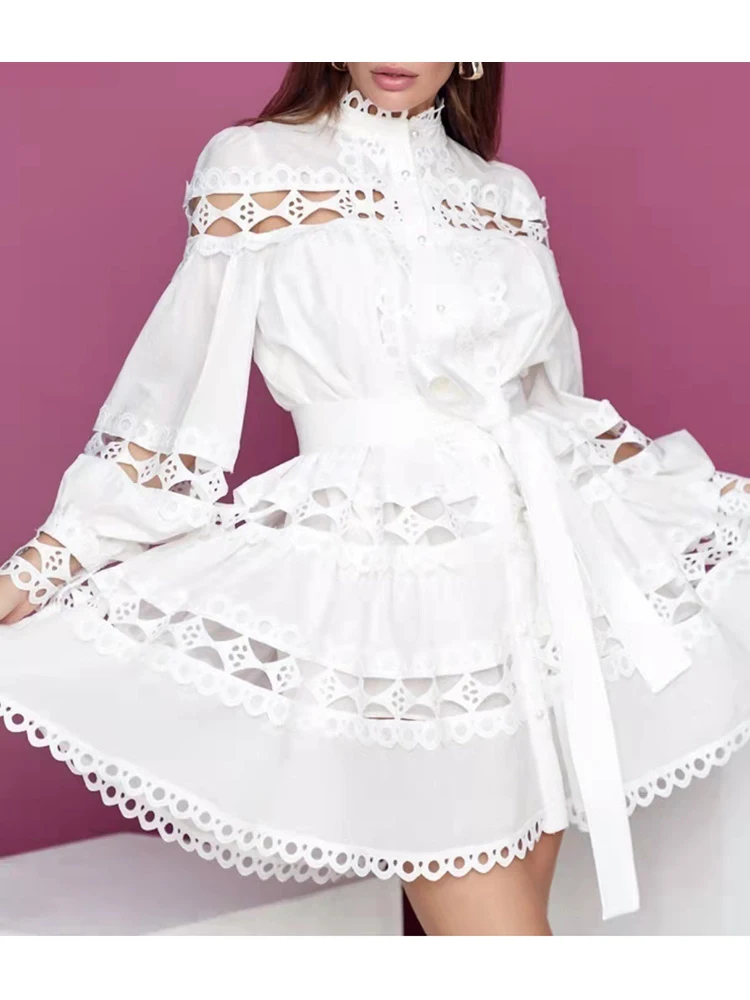 

XIZIHUPAN Solid Dresses For Women Stand Collar Long Sleeve High Waist Hollow Patchwork Bow Pullover Elegant Dress Female 2022