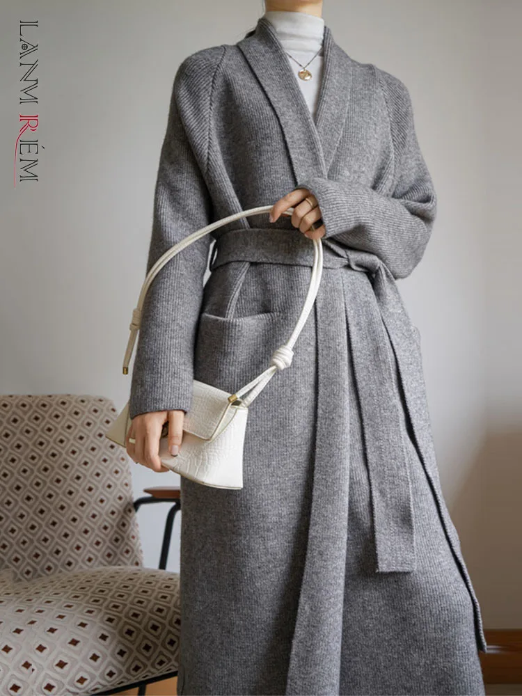 

Женский вязаный свитер LANMREM, Свободный кардиган с длинным рукавом, поясом и карманом на талии, новинка зимы 2023, 2W484