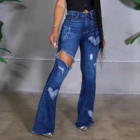 womens fashion ripped high waist casual jeans pants new heart shaped flared pants mom jeans retro blue cute flared long jeans