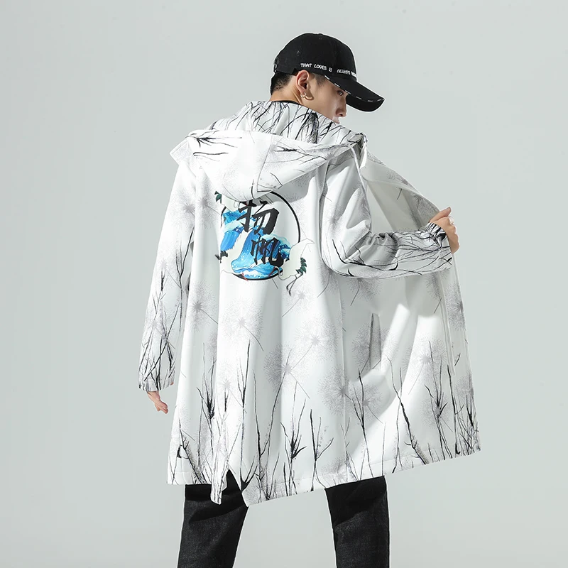 

Y2K 2022 New Men Hooded Jacket Long Oversized Trench Man Chinese Style Long Trench Male Spring Autumn Printed Coat Fashion 5XL