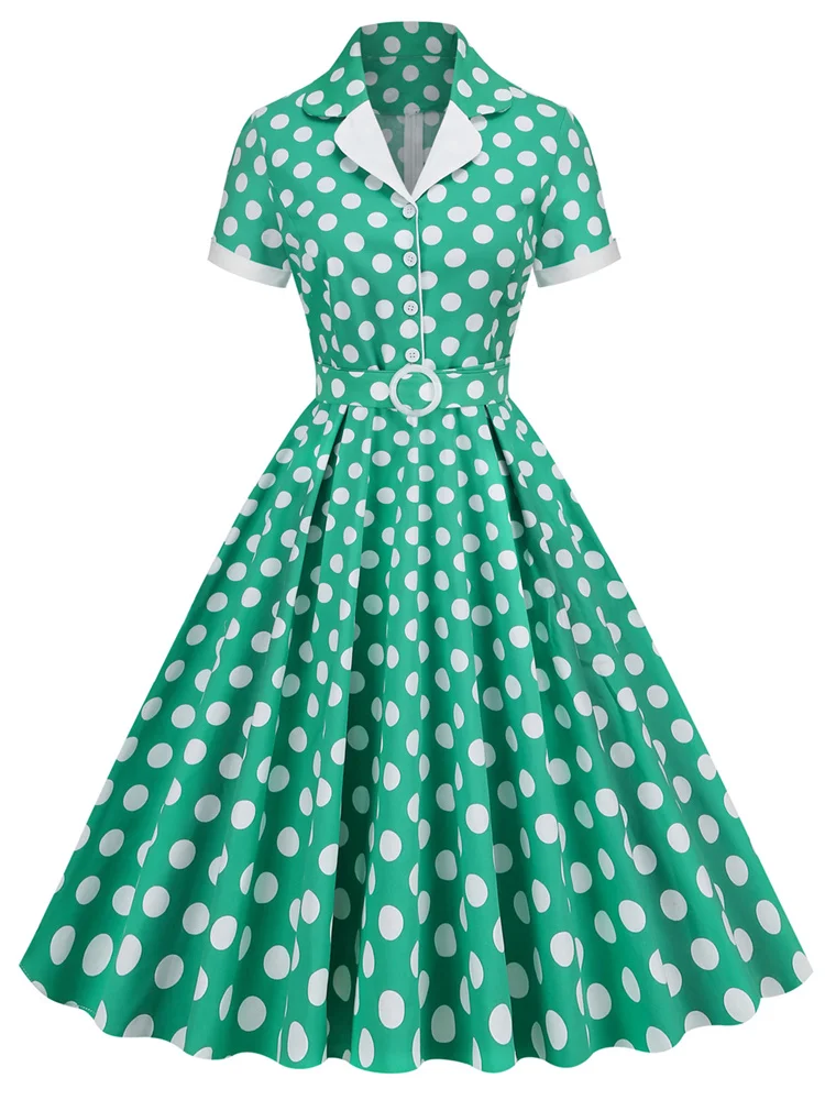 

2023 New Polka Dot Vintage 50s 60s Rockabilly Dresses Women Elegant Notched Collar Buttons Pinup Robe Ladies Cotton Long Dress