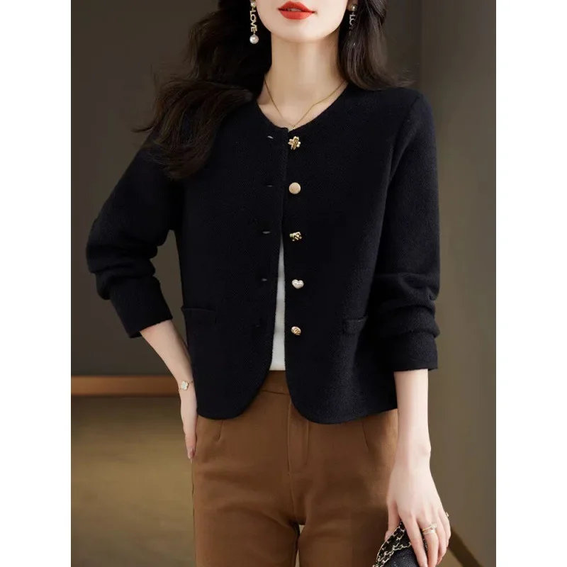 Твидовый стильный женский осенне-зимний вязаный кардиган укороченный