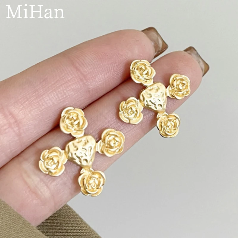 

MiHan Trendy Jewelry 925 Silver Needle Flower Earrings Vintage Temperament Gold Color Earrings For Women Female Gifts