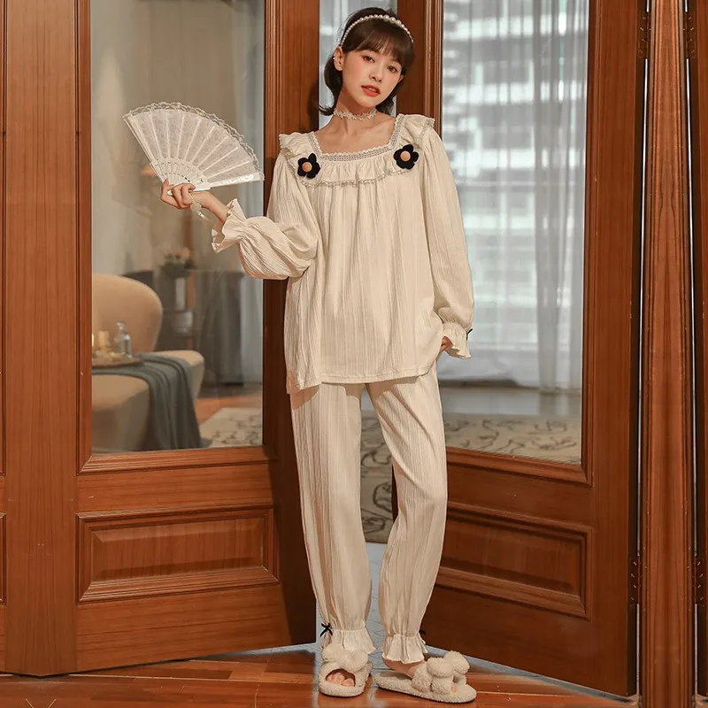 New Lace White Hearts Printed Cotton Sleepwear Texture Cotton Spring Autumn Loose Size Kawaii Pajama Young Gril Dress Pyjama