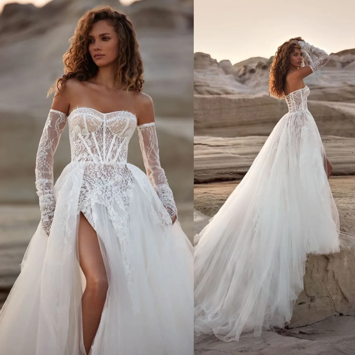 

Elegant A Line Wedding Dresses Lace Applique Illusion Bridal Gown Sexy High Thigh Slit Vestido De Novia
