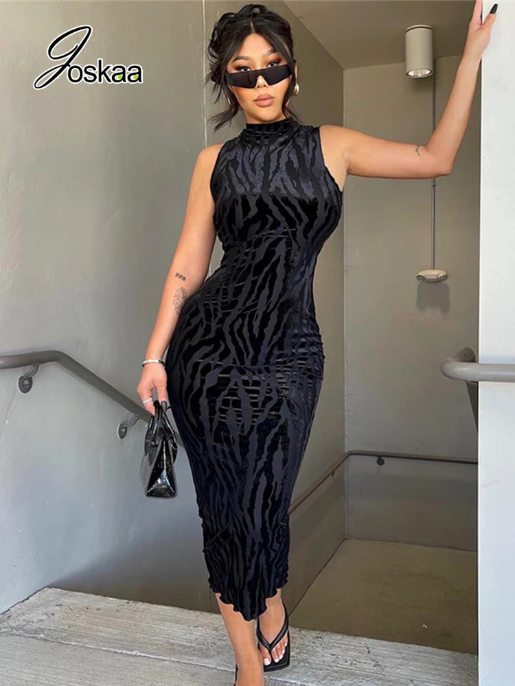 

Joskaa Black Flocking See Through Maxi Dress Women Sexy O-neck Sleeveless Slim Robe Matching Gloves Autumn Casual Streetwear