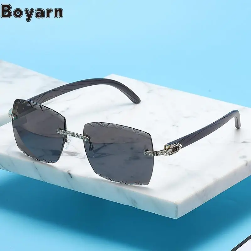 

Boyarn Rimless Small Square Sunglasses Women's Diamond Faux Wood Leg Rectangle Sun Glasses Shades UV400 Goggles Eyewear