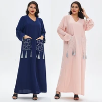 summer casual muslim abaya dress for women ramadan eid 2022 pink dubai arabic turkey middle east robe tassel pocket indie folk