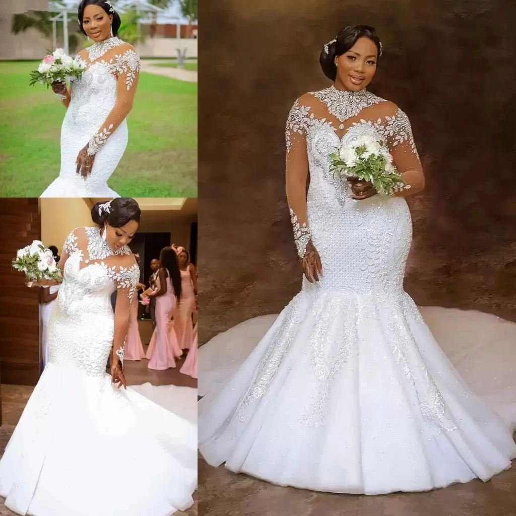 

Sparkly Crystal Mermaid Wedding Dresses 2023 African Nigerian Illusion Long Sleeve Lace Floral Garden Plus Size Bridal Dress