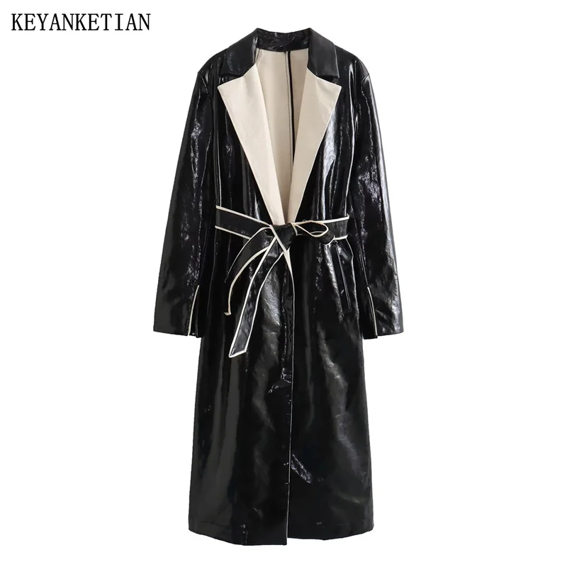 

KEYANKETIAN Winter New Women's Artificial Leather Coat Retro Stylish With Belt Contrast Color Padded Long Leather Jacket Top