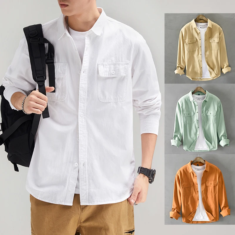 

HIQOR 2022 Men Casual White Shirts Long-sleeved Chest Two Pocket Design 100% Cotton Solid Casual Turn-down Collar Shirt M-3XL