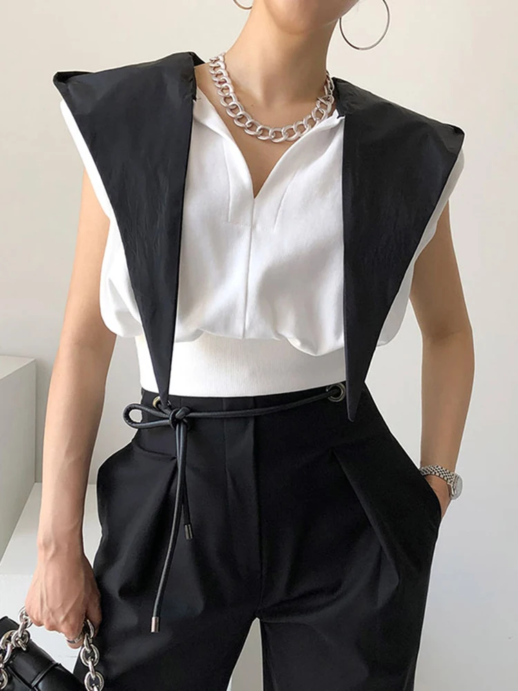 

SHENGPALAE Womem's Sweatshirt Contrast Color V-neck Sleeveless Summer 2023 New Fashion Tide Straight Casual Hoodies Top 5QR650