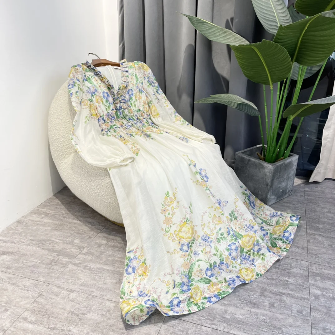 

2022 Summer Top Quality Linen Silk Green Blue Yellow Floral Print Gradient Edible Tree Fungus Neckline Elegant Midi Dress Lady