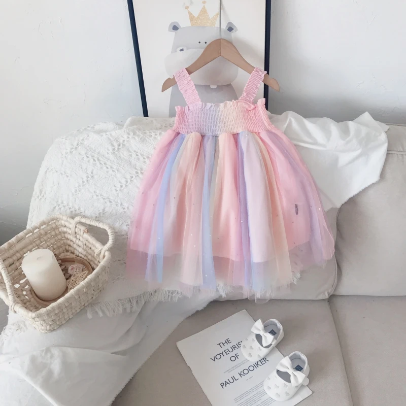 

Baby Girl Summer Dress Rainbow Mesh Tutu Dress Toddle Cute Party Suspender Dresses Kids Princess Dress Baby Children's Clothing