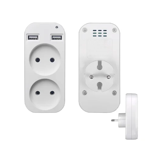 Настенный адаптер с двумя розетками и двумя портами USB 5V 2A