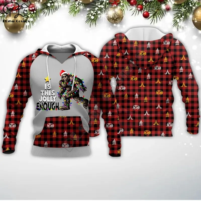 

Bigfoot Jolly Enough Christmas Red Plaid Camping 3D Printed Hoodies Sweatshirts Zipper Hooded Men For Women Streetwear
