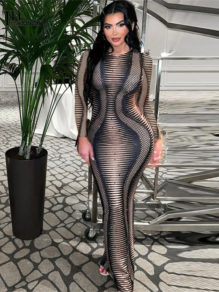 

Inwoman Summer Maxi Dresses For Women 2022 Long Sleeve Print Long Dress Ladies Black Graphics Party Bodycon Midi Dress Women