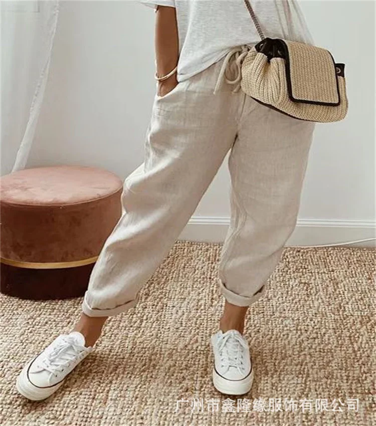 

2023 Women's Cotton And Hemp Solid Casual Cargo Pants