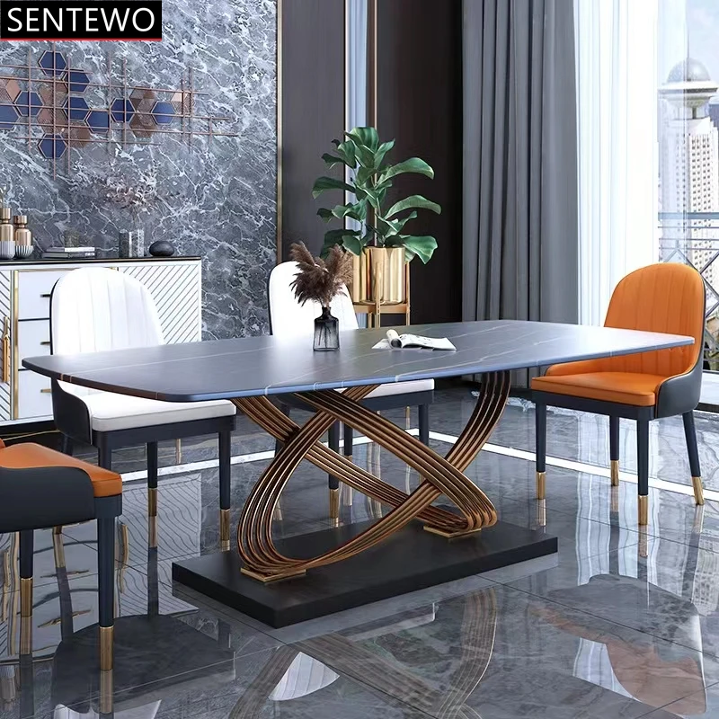 

SENTEWO Luxury Rock Slab Dining Table Set 4 Chairs Stainless Steel Gold Base Faux Marble Tables Home Furniture Meuble De Cuisine