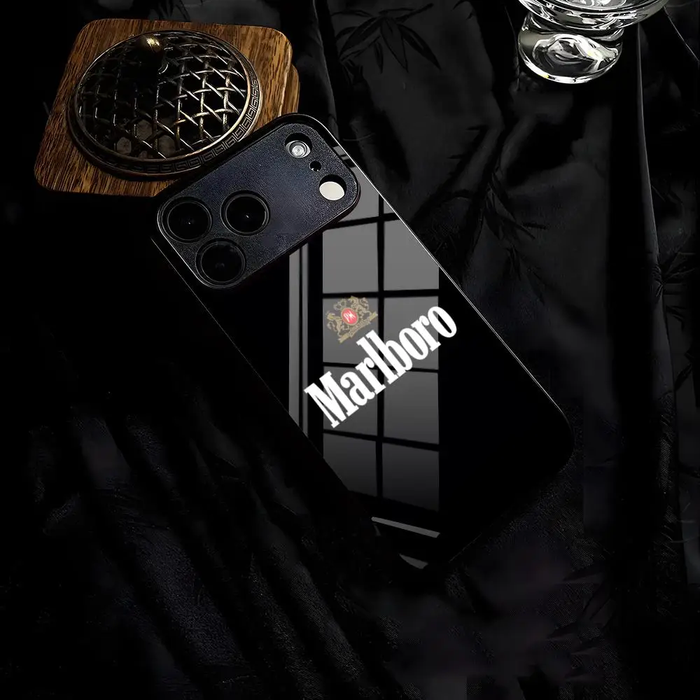 Фото Ретро-чехол для телефона M-Marlboro для iPhone 17 Air 16 E Pro Max 15 14 13 Mini 12 Pro 11 Max Plus, черный, стеклянный №4