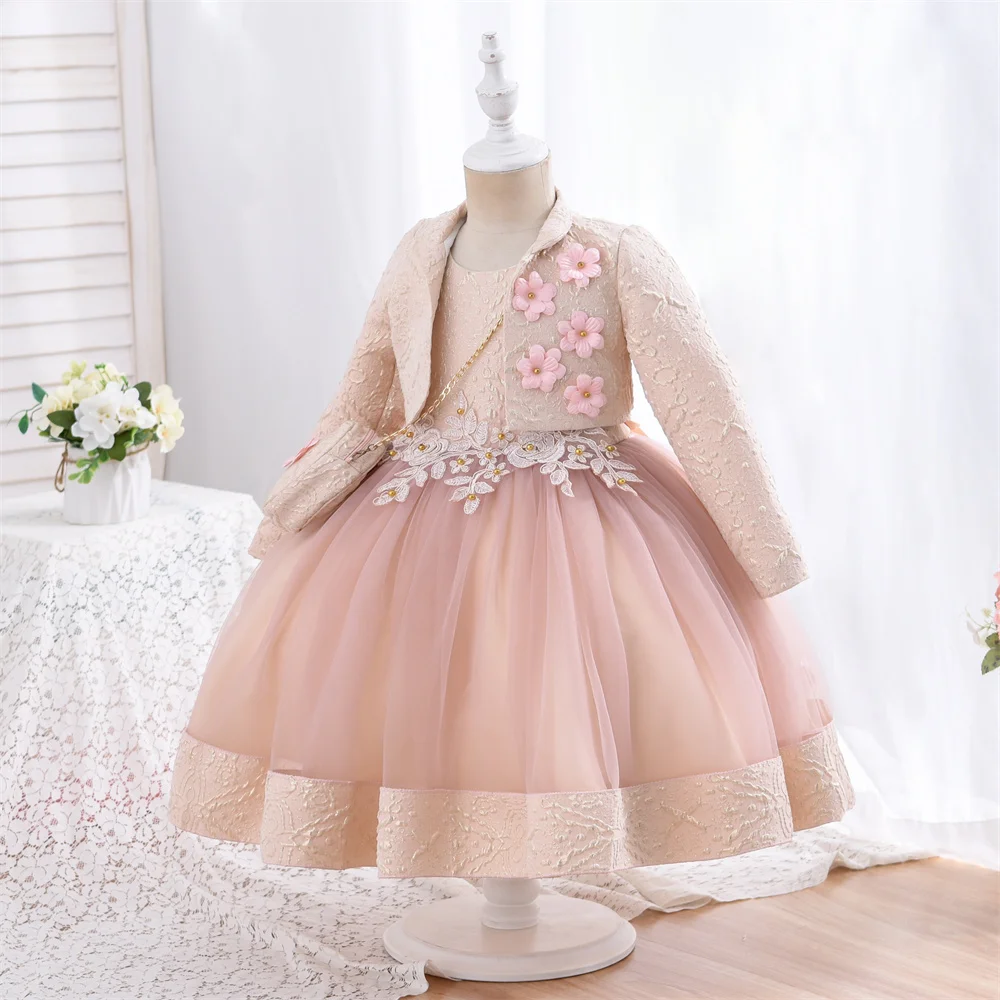 

3pcs/set Warm Dress for Girls Jacquard Pattern Tulle Patchwork Children Clothing 3D Appliques Casual Birthday Dresses Flower