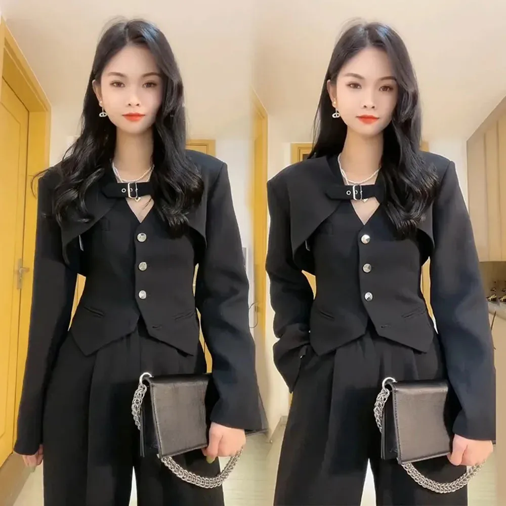 Женский офисный костюм из трех предметов повседневные брюки и жакет с длинным