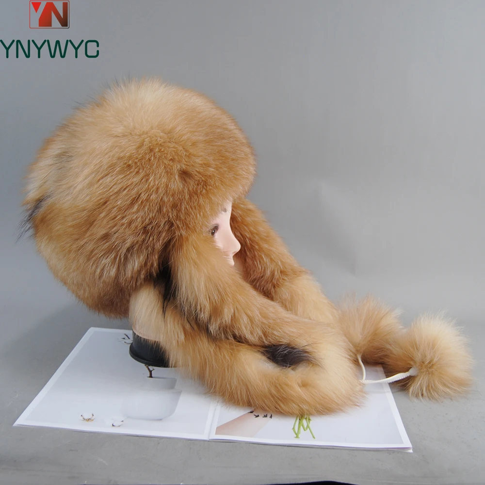 Natural Fox Fur Fashion Real Fur Hats Russian Aviation Hat with Ears Ushanka Women Winter Warm Fluffy Stylish Female Tail Cap