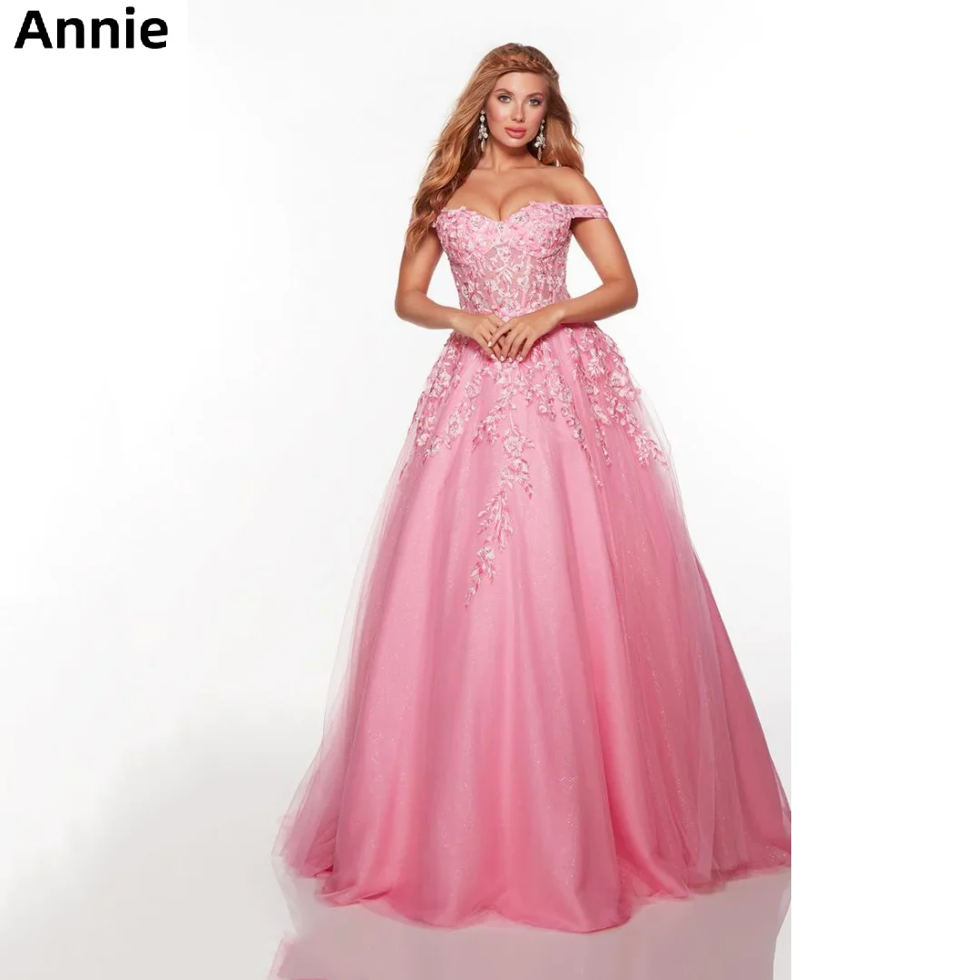 

Annie Handmade Tulle Embroidery Feather Prom Dresses Pink Glitter Cocktail Custom Evening Dresses 2023 Formal Damen Abendkleid