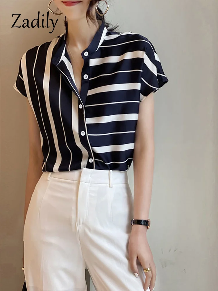 

Summer Striped Short Sleeve Chiffon Shirt Women Office Lady Button Loose Ladies Blouse Work Female Clothing Tops