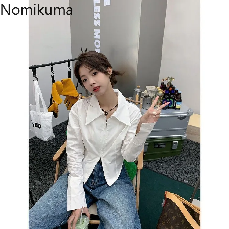 Женская блузка на молнии с длинным рукавом Повседневная Белая Туника в Корейском