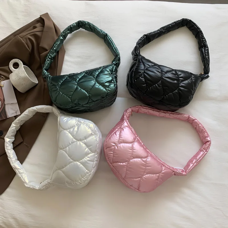 

New Trendy Women Winter Down Shoulder Bag Small Pink Puffy Padded Quilted Purse Ladies Luxury Underarm Cloud Bag