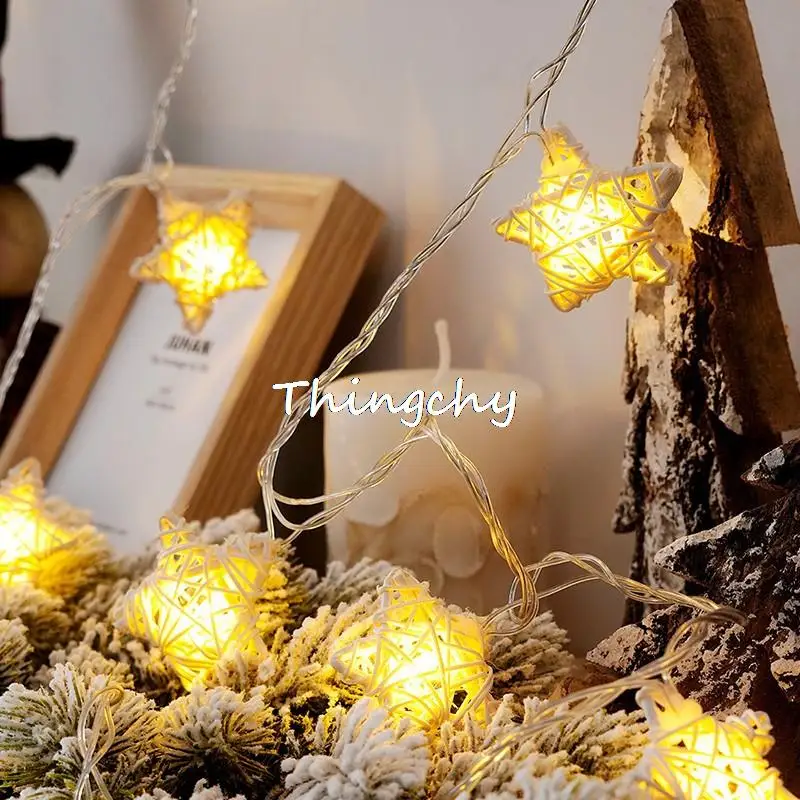 

White Rattan star LED String Lighting Battery Operated Christmas Light For Wedding Party Home Garland Table Decoration