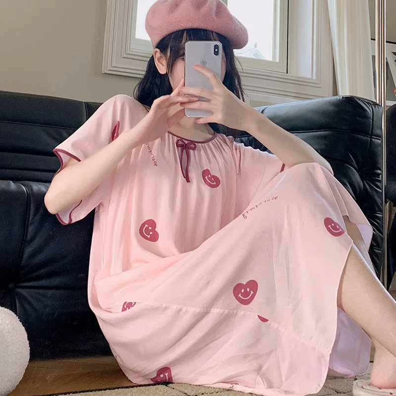 Short Sleeve Round-neck Nightgowns Casual Thin Loose Night Dress Attractive Women's Nightwear Big Size Clothing Homewear Print