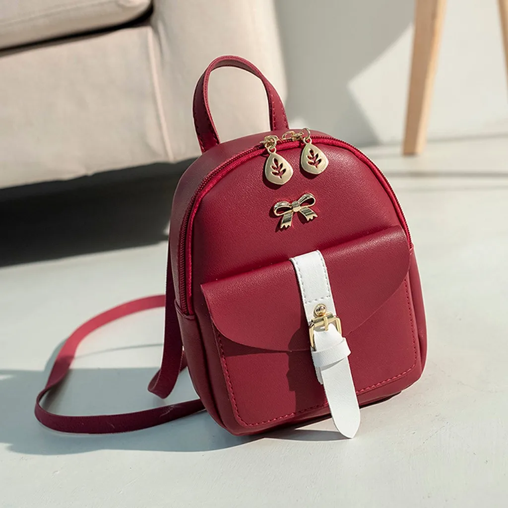 

Cute Graceful Bag Pack Women's Mini Backpack Luxury PU Leather Kawaii Backpack Small School Bags For Girls Bow-knot Leaf Hollow
