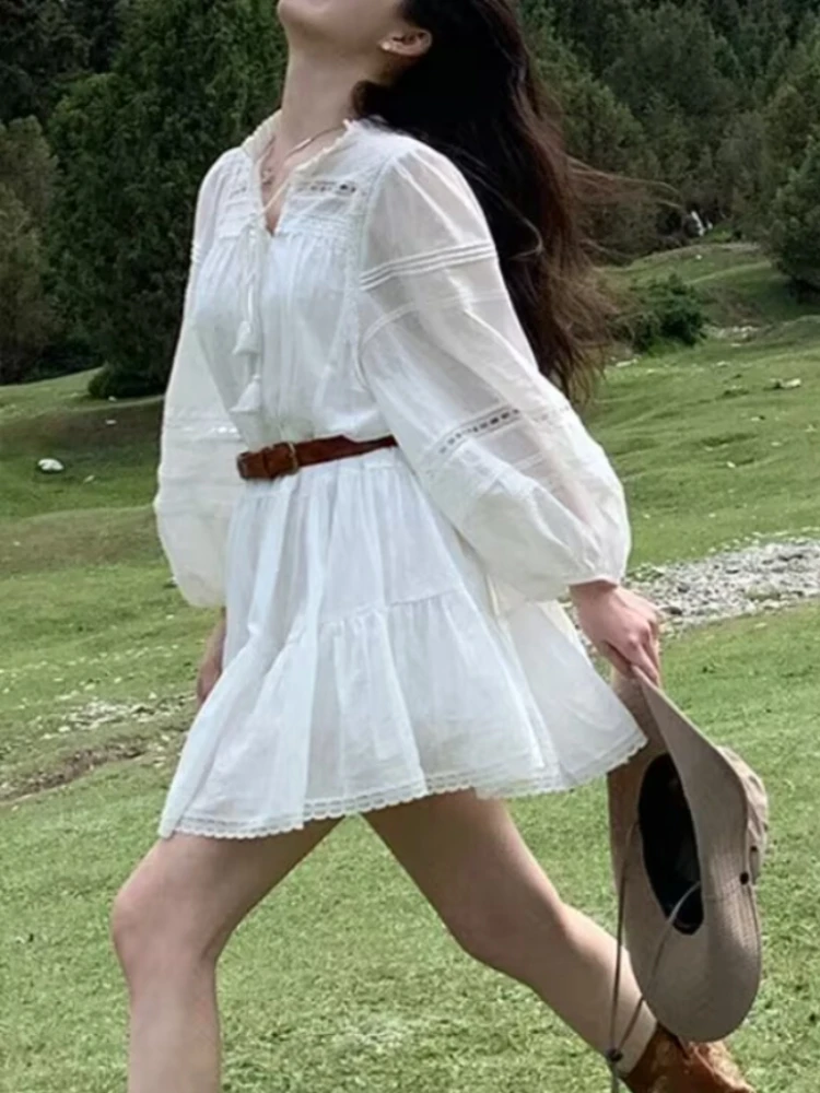 

Женское платье, новинка 2023, корейская мода, летнее свободное кружевное длинное платье, элегантные женские платья, уличная одежда, искусственное сексуальное Белое платье