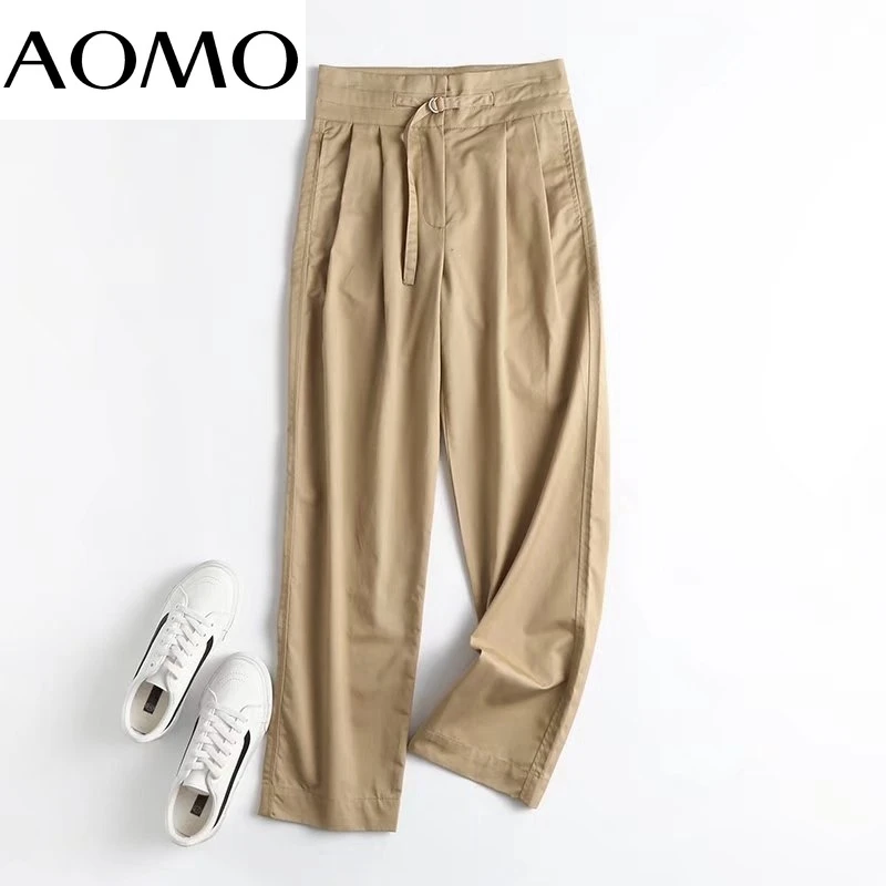 

AOMO 2021 Fashion Women High Waist with Slash Suit Pants Trousers Cotton Pockets Office Lady Elegant Pants Pantalon 4C142A