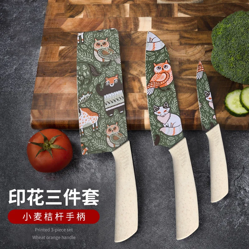 

Набор кухонных ножей из нержавеющей стали с принтом, набор из трех предметов, специальный женский кухонный нож для нарезки мяса, дополнительный нож для еды