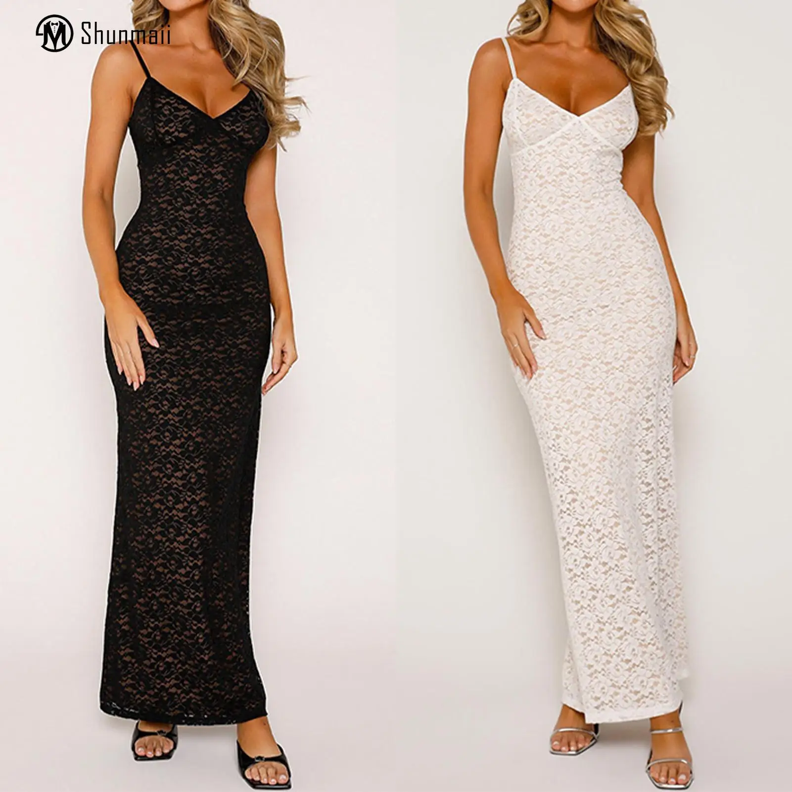 

Женское сексуальное платье с вырезом, однотонное кружевное прозрачное платье, элегантное длинное платье с v-образным вырезом и бретельками для отпуска
