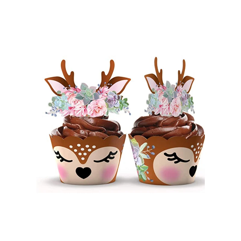 

Cartoon Sika Deer Cupcake Wrapper with Cake Topper Merry Christmas Decorations for Home 2024 New Year Birthday Party Supplies