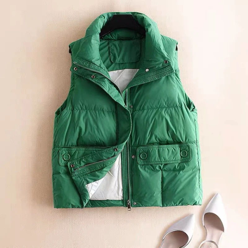 

Woman Fashion White Duck Down Casual Vests Female Autumn Stand Sleeveless Loose Solid Waistcoat Coats Ladies Warm Vests G466