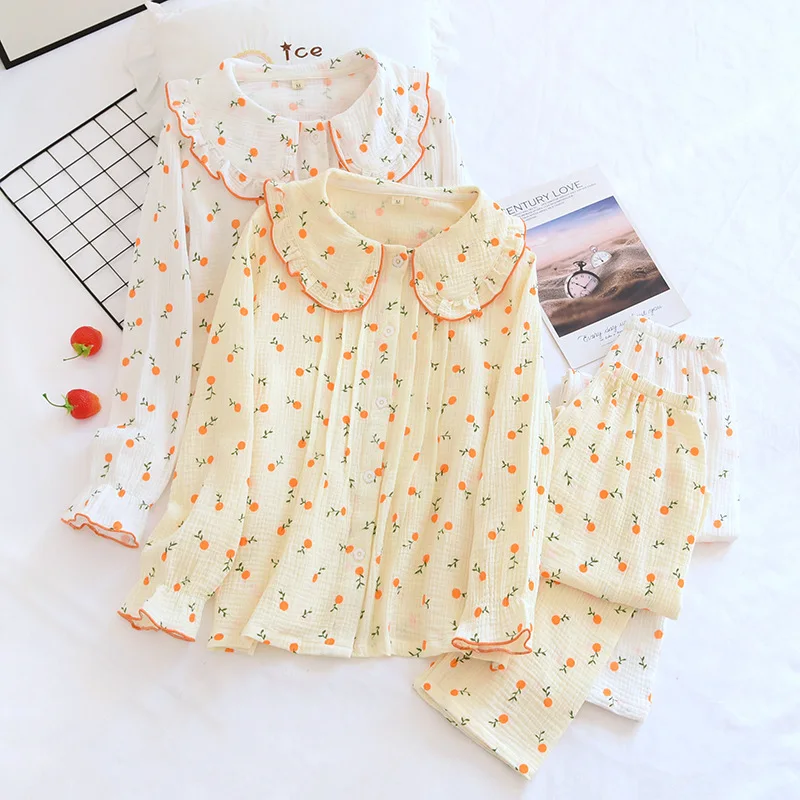 

New Spring And Autumn Ladies Cotton Crepe Pajamas Long-sleeved Trousers Loose Two-piece Women Cartoon Print Orange Homewear Suit