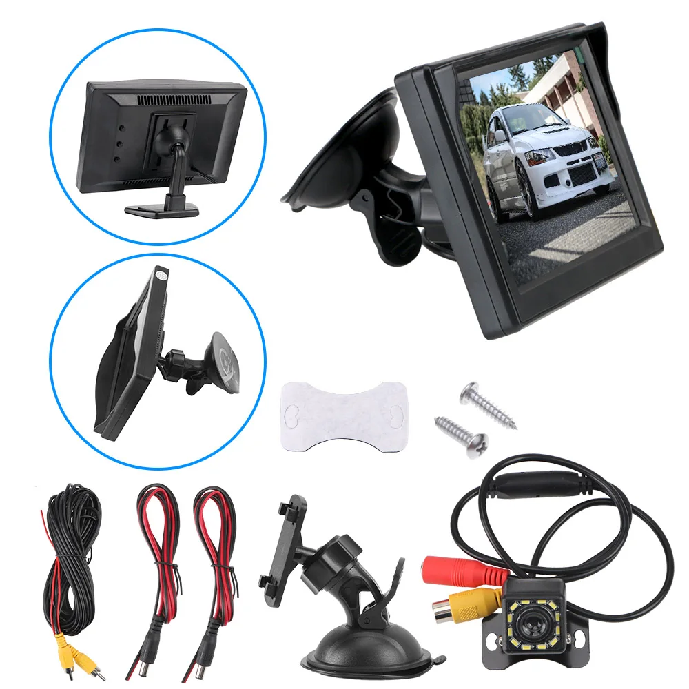 

Car Reversing Rearview Backup Camera Vehicle Camera Car Parking Assistance Rubber Cup + Bracket Rear View Monitor 5 Inch 12 LED