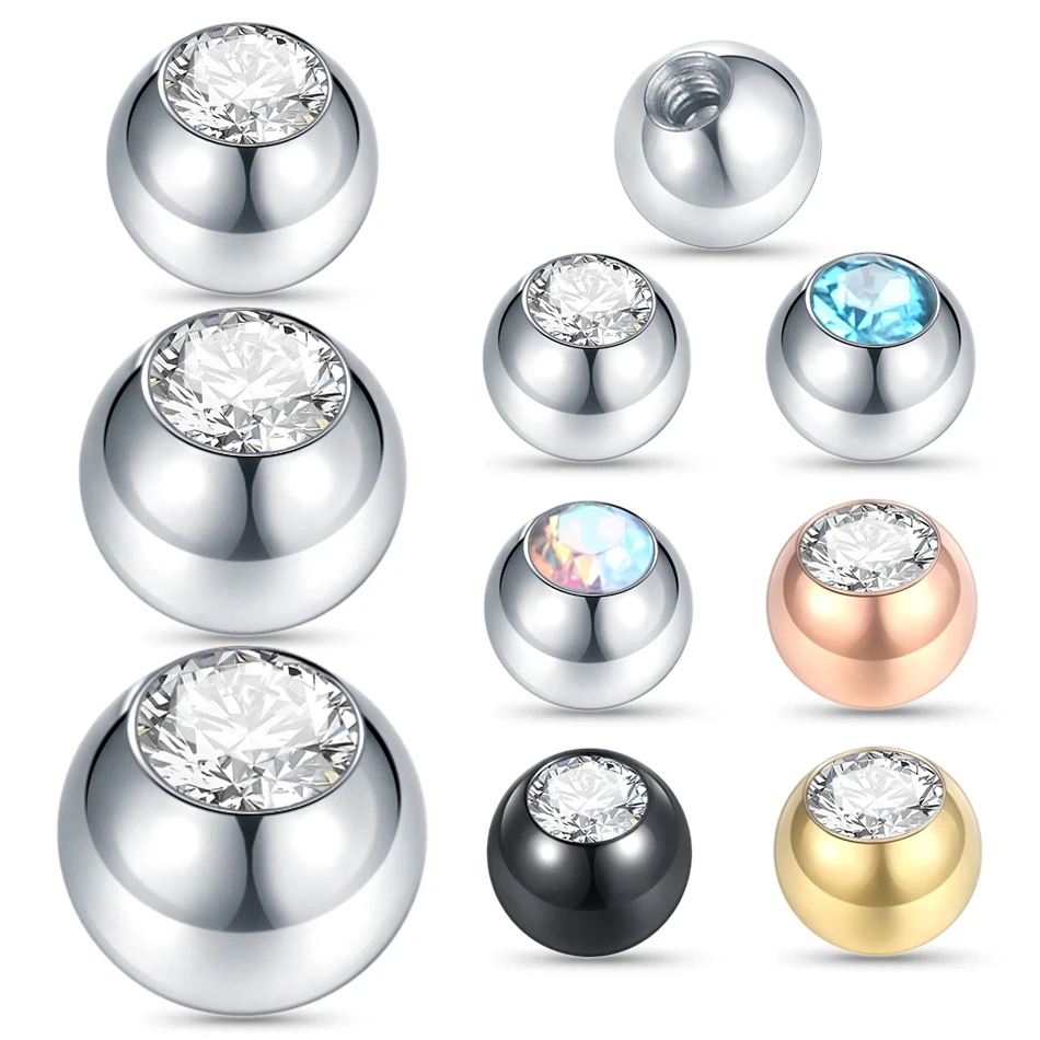10pcs/lot Steel CZ Gem Replacement Spare Balls Labret Tongue Ring Ear Belly Eyebrow Piercing Attachment 16G 14G DIY Body Jewelry