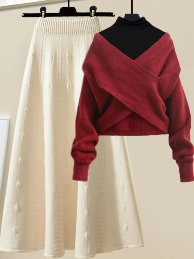 

Winter Warm Knitwears Sets For Women Outfits Ladies Elegant Black Basic Top+deep V Neck Knitted Sweater+high Waist Skirts Set