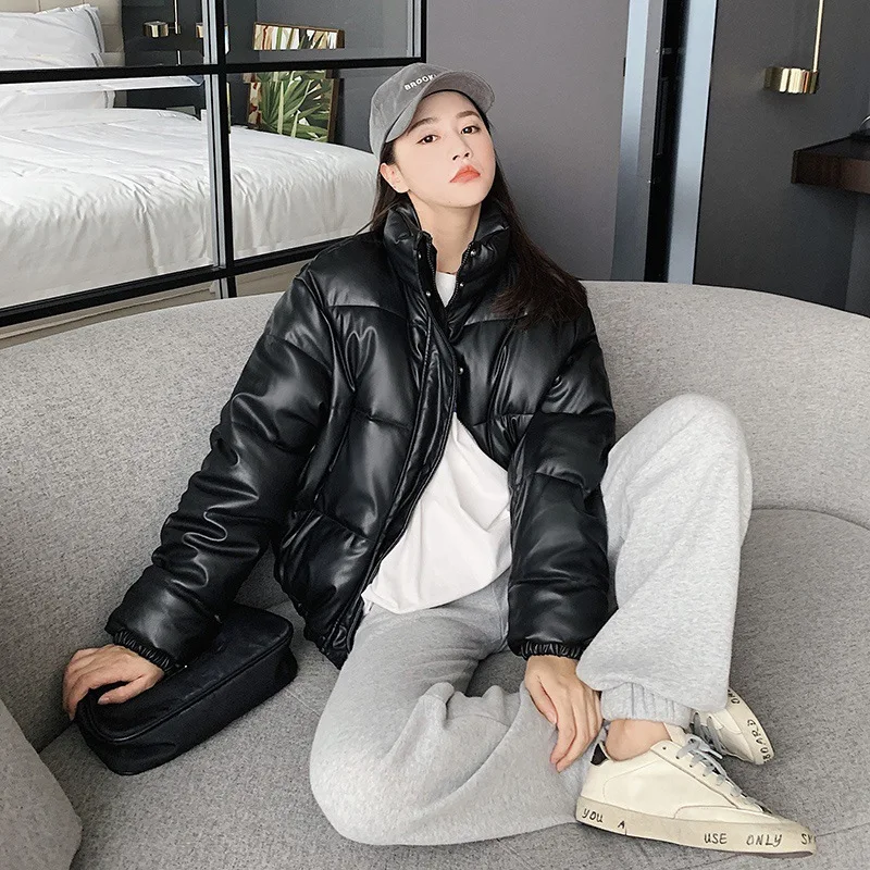 Autumn Winter New Fashion Pu Leather Short Down Coats Women Stand Collar Thick Coats Casual Commute All-Match Solid Color Jacket