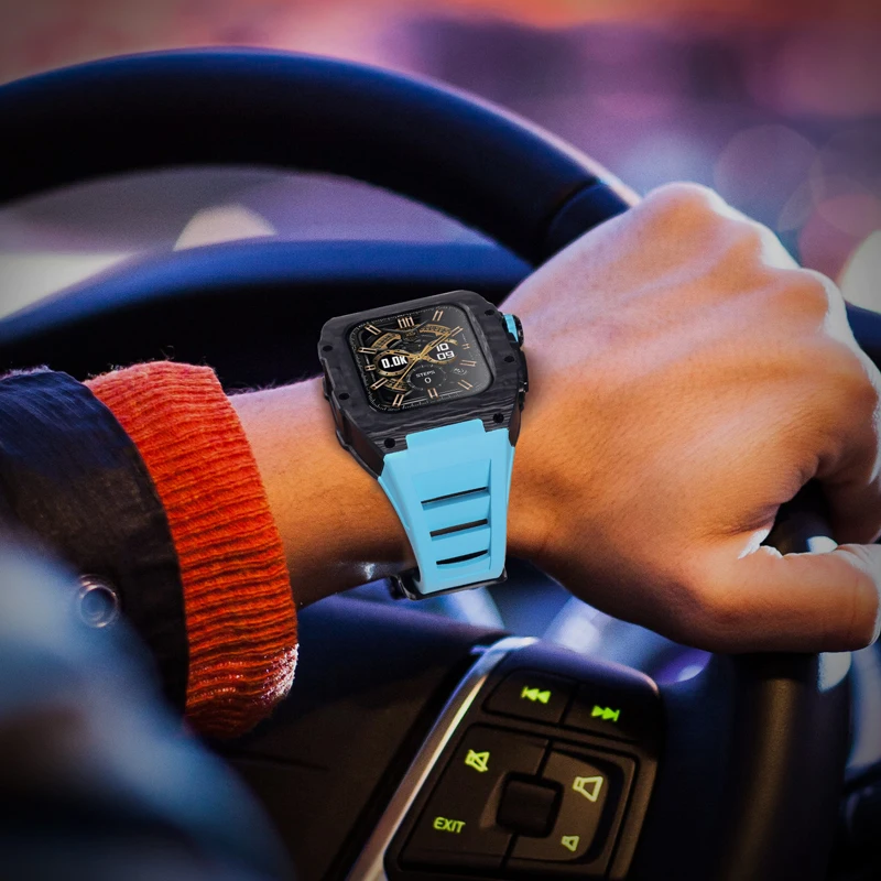 Carbon Fiber Case For Apple Watch 8 7 45mm Rubber Strap Luxury Carbon Set Frame Bezel Modification Kit for iWatch 6 5 4 SE 44mm