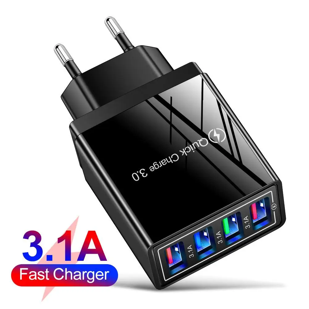 

Charging Head 12w 4 Usb Devices Mobile Phone Charger 3a Color Charging Head Us / Eu / Uk Plug Black Shell